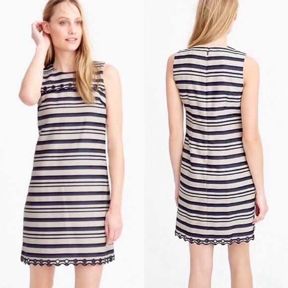 J. Crew Shift Dress E8993 Blue  Striped Scalloped Hem Grommets Size 2 - Picture 3 of 16